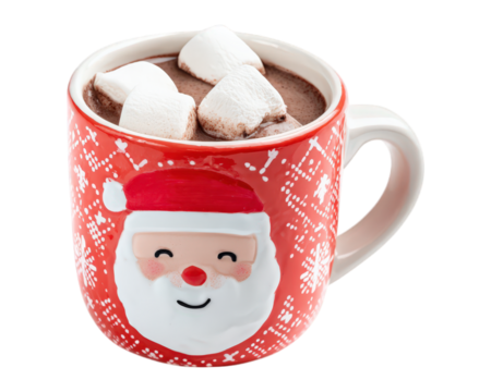 Red mug with Santa Claus face, filled with hot chocolate and topped with marshmallows, festive and cheerful holiday drink on transparency background - Powered by Adobe