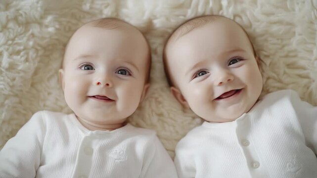 Two identical twin boys laying on a soft blanket with bright smiles and clear eyes. Precious siblings enjoying their infancy together.
