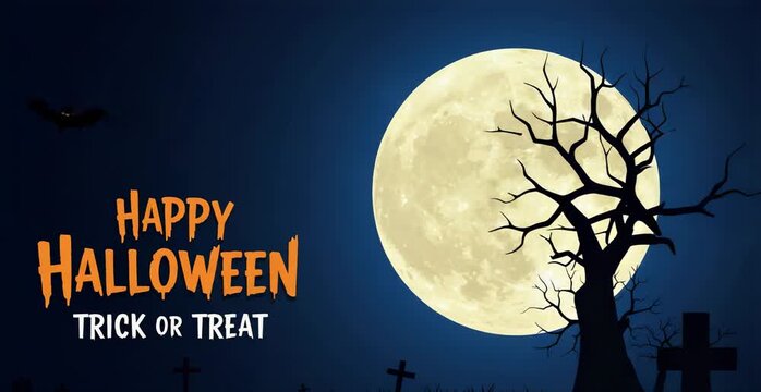 Spooky Halloween Night Background with Full Moon, Bats, and Graveyard.