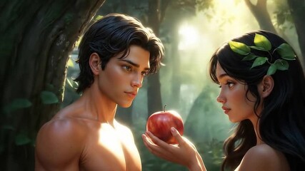 Eve gives Adam the forbidden fruit to eat. Bible scene religious concept.
