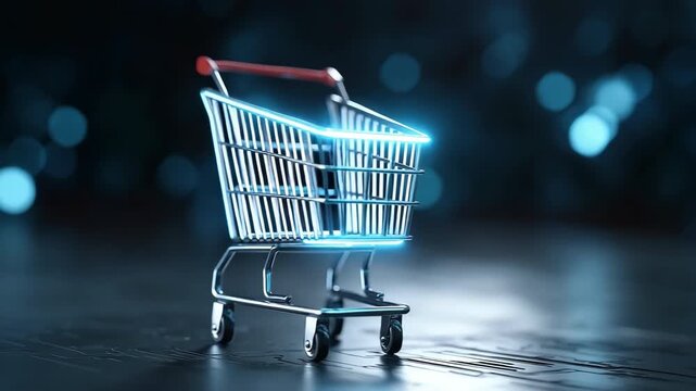 A shopping cart with a glowing light on it. The cart is on a dark surface. The cart is lit up and he is a futuristic shopping cart