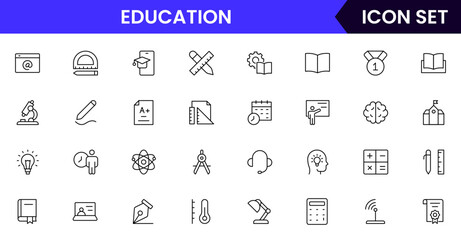 Education vector web line icon collection, sleek illustrations of books, diplomas, e-learning, knowledge for inspiring, academic designs.