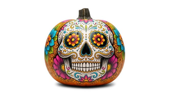 Vibrant day of the dead sugar skull pumpkin design for halloween decor