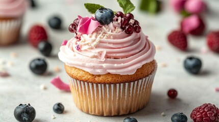 Colorful frosted birthday cupcake with sprinkles on wooden table against soft pastel background in warm natural light




