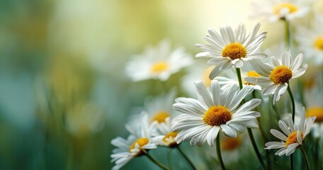 Fototapeta premium Soft-focus image of several white daisies with yellow centers, slightly blurred background of green and yellow hues, suggesting a sunlit meadow