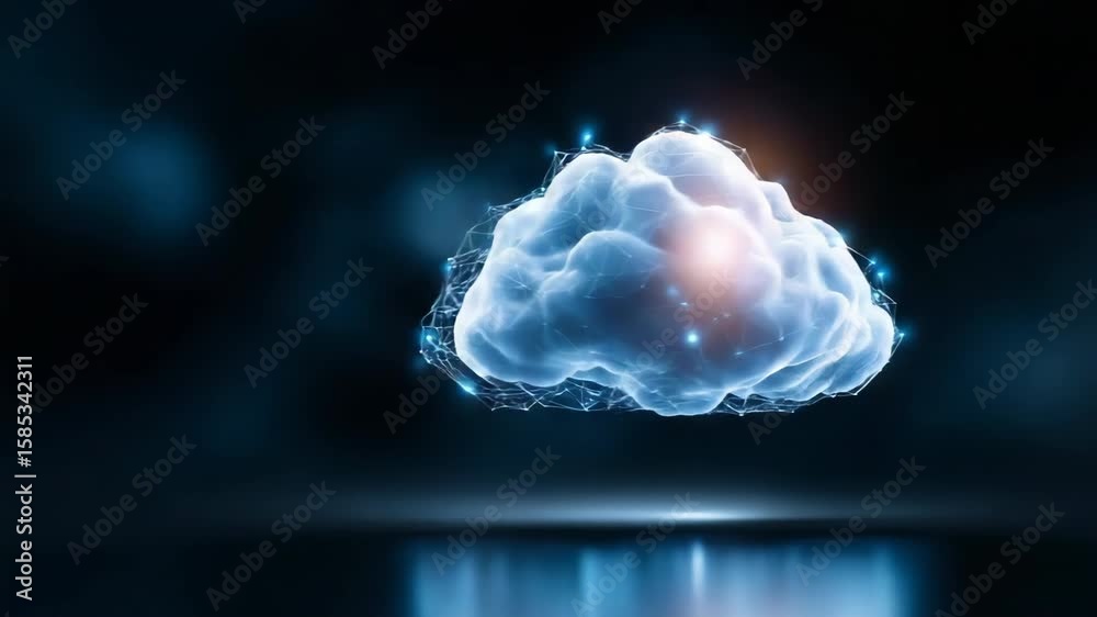 Poster a cloud with a bright orange spot in the middle. the cloud is floating in the sky and he is a part o