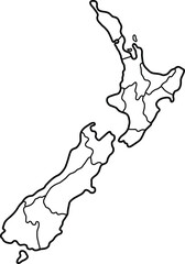 New Zealand Map with Flag, Provinces, Silhouette, and Border Outline

