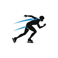 Speed skater in black silhouette with blue speed lines isolated on white background