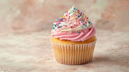 Colorful birthday cupcake with swirl frosting and candle on pastel table setting with festive blurred lights in background




