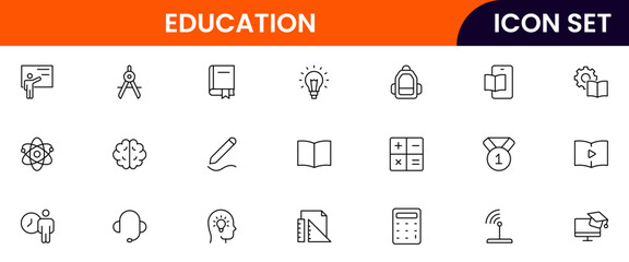 Education vector web line icon collection, sleek illustrations of books, diplomas, e-learning, knowledge for inspiring, academic designs.