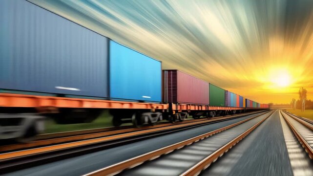 A freight train carrying vibrant cargo containers moves swiftly along the railway as the sun sets over the distant horizon