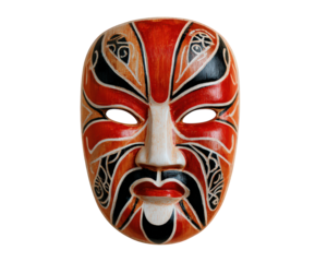 Handcrafted wooden mask with tribal paint red black and white color cultural art traditional Asian style dramatic expression detailed carving isolated background