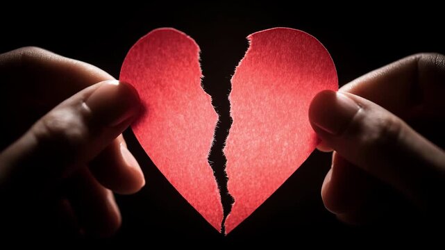 Two hands grasp a ripped paper heart, representing heartbreak amid black backdrop