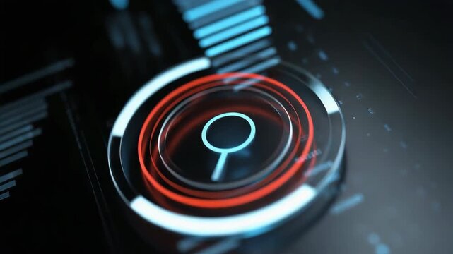 A red and blue circle with a black background. The circle is a search icon. The background is filled with various lines and shapes, giving the impression of a complex graph or chart