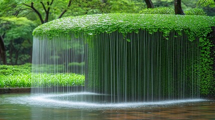Green square fountain covered in vegetation with cascading water

