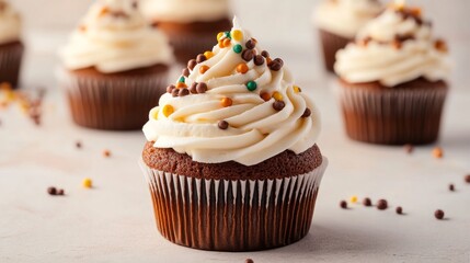 Colorful birthday cupcake with swirl frosting and candle on pastel table setting with festive blurred lights in background





