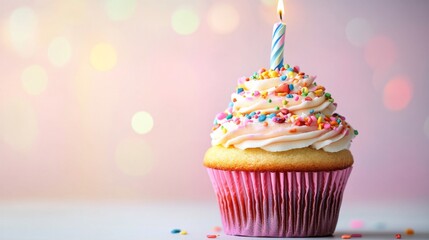 Colorful birthday cupcake with lit candle on festive bokeh background, celebration dessert for party decoration or greeting card design





