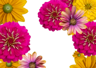 Bright zinnias and daisies arranged in a colorful floral frame on transparent background. Vibrant summer design, perfect for invitations, cards, or decorative projects.