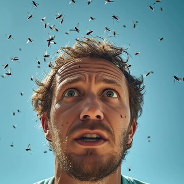 Man with many mosquitoes around his head