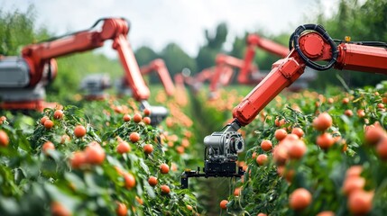 Robotic arms harvesting oranges in a citrus orchard