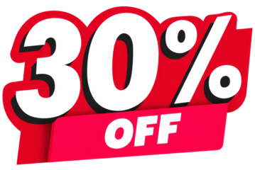 Bright red discount sticker promoting 30 percent off sales event for shoppers