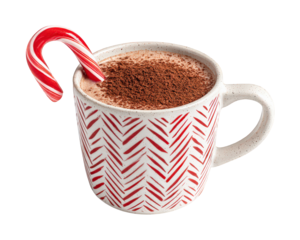 Festive mug with red pattern, filled with hot cocoa, topped with cocoa powder and candy cane handle, creating cozy holiday atmosphere