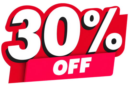 Bright red discount sticker promoting 30 percent off sales event for shoppers