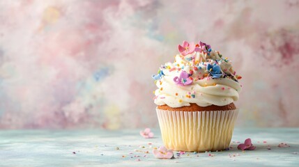 Colorful frosted birthday cupcake with sprinkles on wooden table against soft pastel background in warm natural light




