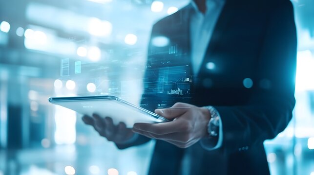 Digital Insights: A modern business professional engrossed in the advanced technology of a digital tablet, showcasing data and analytics within a bright business setting.