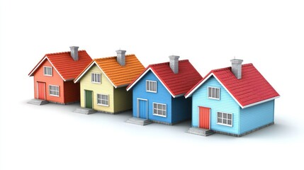 A colorful row of four houses with red, blue, yellow, and orange roofs, standing against a white background.