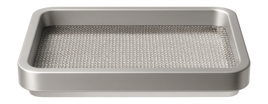Silver mesh tray with a shallow depth, used for showcasing jewelry in a boutique.