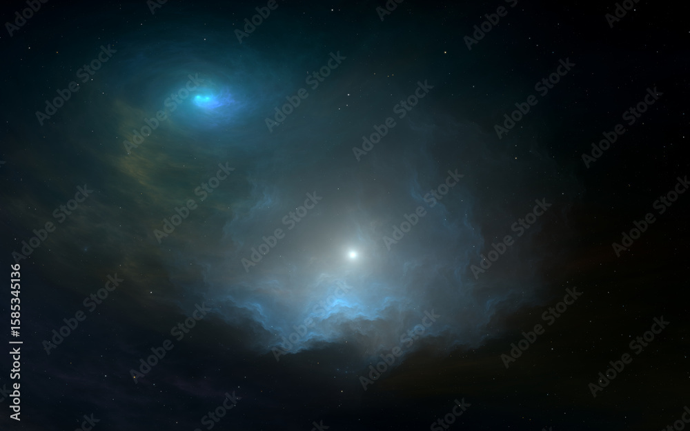 Wall mural space nebula. giant interstellar cloud and stars scattered across the universe. 3d rendering, fracta