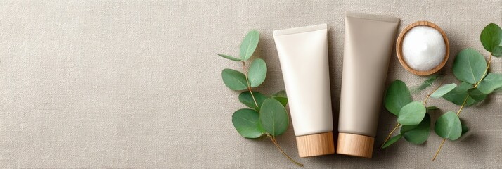 Cosmetic bottles with eucalyptus flowers towels and linen on pastel background top view flat lay natural organic skincare and spa concept perfect for beauty product branding body care wellness design