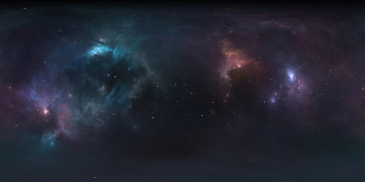 360 degree space nebula. Giant interstellar cloud with stars, equirectangular projection, environment map. Spherical panorama. 3D rendering, Fractal image