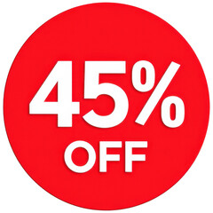 Bright red circular sticker displaying 45 percent off discounts for retail sales and promotions