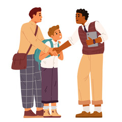 African American teacher shaking hands with his student's father flat vector illustration isolated on white. Meeting with teacher.