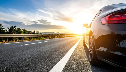 Scenic highway with a sleek black car at sunset