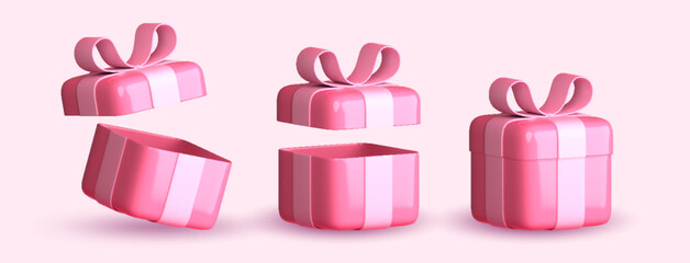 Set of 3D open and close pink gift boxes with ribbon in pink over pink background. 3D rendering of a modern holiday surprise box.