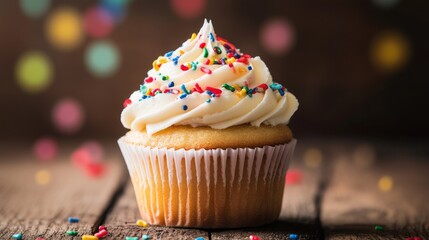 Colorful birthday cupcake with sprinkles and lit candle on rustic wooden table background, festive celebration dessert concept




