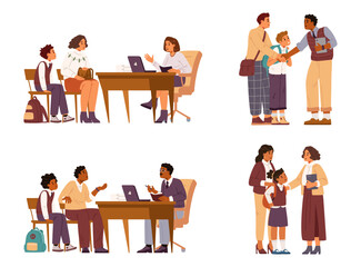 Parent meets school teacher or principal with his kid flat vector illustrations set isolated on white.