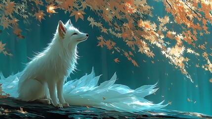 Enchanting Nine-Tailed Fox in Autumn Woods: A mythical white fox with nine ethereal tails sits gracefully atop a moss-covered log, gazing serenely at the vibrant autumn foliage above. Bathed in soft.