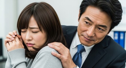 Fototapeta premium セクハラをする上司と、嫌がる日本人女性社員