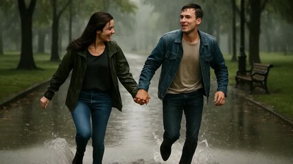 Couple enjoys a joyful run through a rainy park while holding hands and laughing