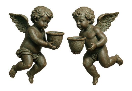 A pair of cast iron cherub statues for a cottage's front garden, each holding a small flower pot.