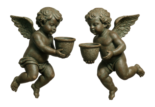 A pair of cast iron cherub statues for a cottage's front garden, each holding a small flower pot.
