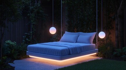 Gowing garden bed with hanging lights and illuminated frame

