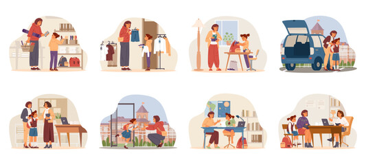 Fototapeta premium Mother and daughter school life flat vector scenes set. Mother involved in his primary school girl daily life Buying stationary, school uniform, talking to teacher, making homework, meets and drives t