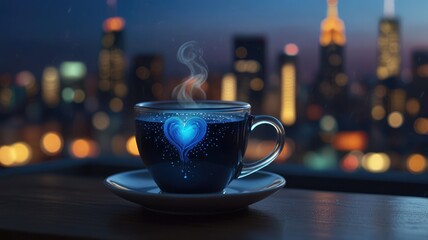 A steaming cup of dark liquid with a glowing blue heart, set against a blurred cityscape at night.