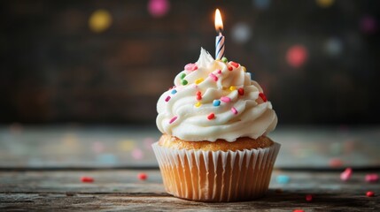 Colorful birthday cupcake with sprinkles and lit candle on rustic wooden table background, festive celebration dessert concept




