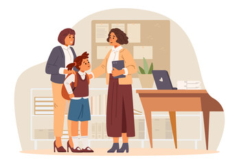 Woman teacher meets her primary school student girl and her mother in the classroom flat vector illustration.